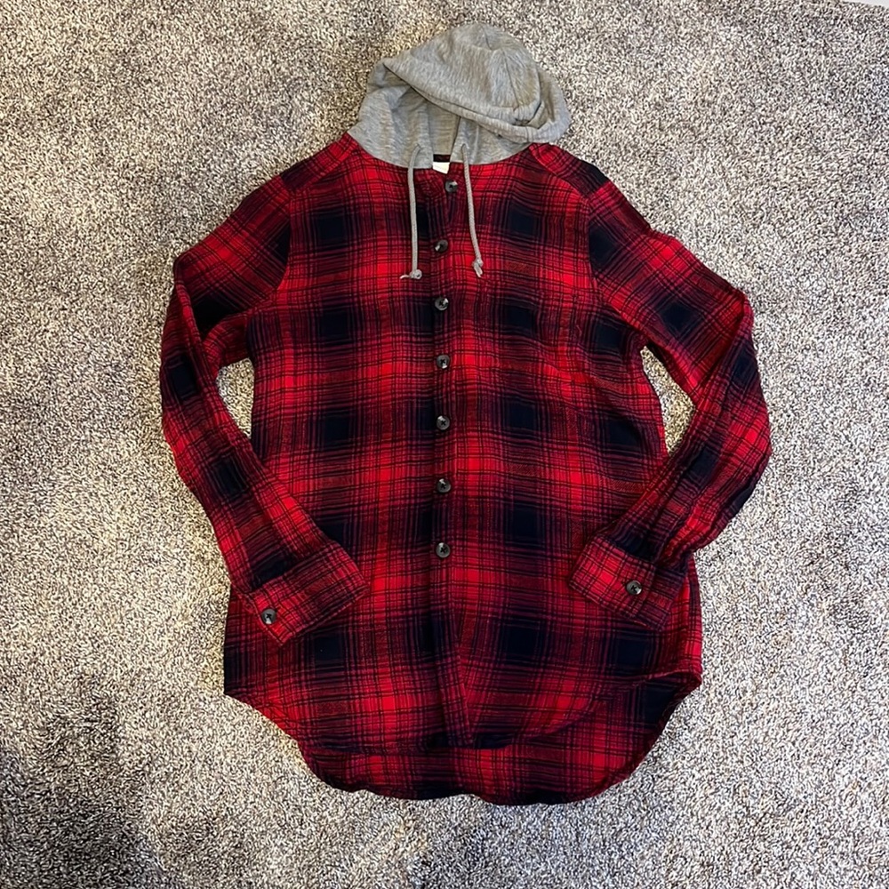Red & Black Plaid Long Flannel With Hood